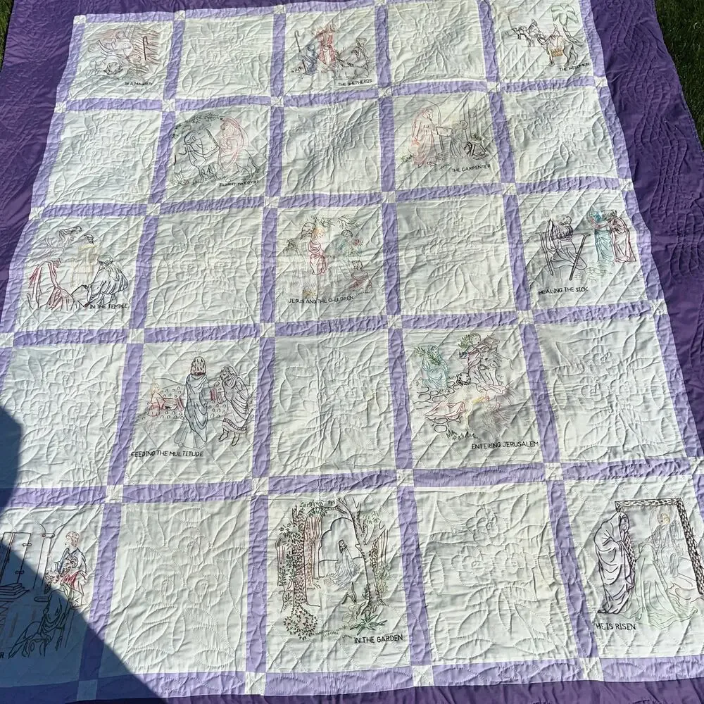Vintage Hand Made Quilt Old Testament Embroidered Purple Border